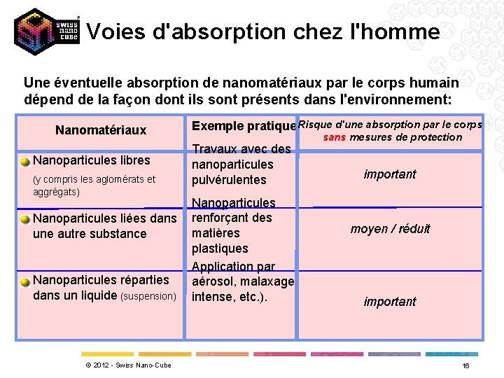 Voies d'absorption chez l'homme Une éventuelle absorption de nanomatériaux par le corps humain dépend