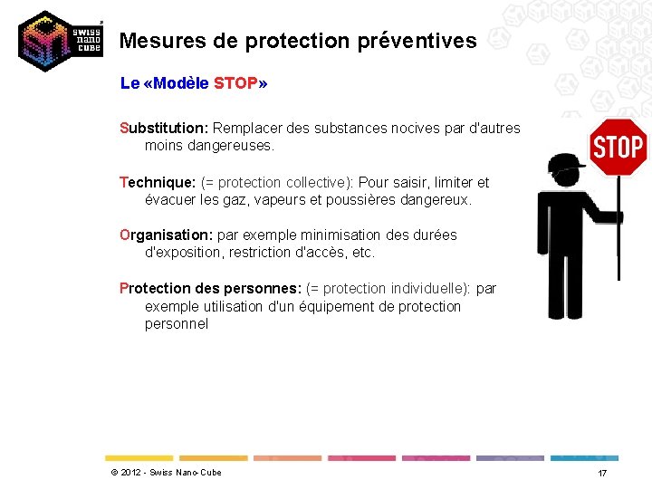 Mesures de protection préventives Le «Modèle STOP» Substitution: Remplacer des substances nocives par d'autres