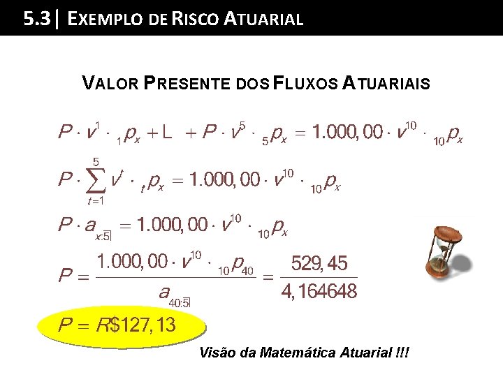 5. 3| EXEMPLOSumário DE RISCO Ada TUARIAL Palestra VALOR PRESENTE DOS FLUXOS ATUARIAIS Visão