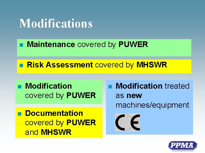 Modifications n Maintenance covered by PUWER n Risk Assessment covered by MHSWR n Modification