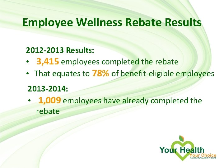 Employee Wellness Rebate Results 2012 -2013 Results: • 3, 415 employees completed the rebate