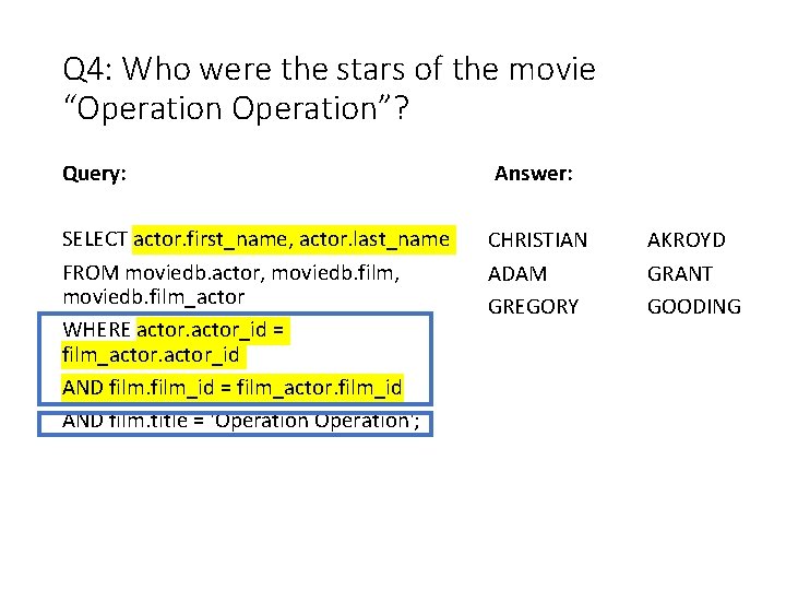 Q 4: Who were the stars of the movie “Operation”? Query: SELECT actor. first_name, Q 4: Who were the stars of the movie “Operation”? Query: SELECT actor. first_name,