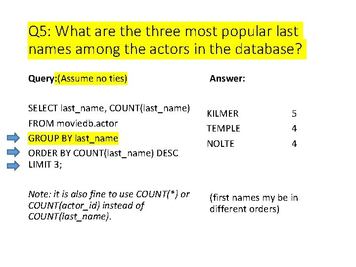 Q 5: What are three most popular last names among the actors in the Q 5: What are three most popular last names among the actors in the