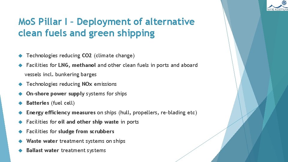 Mo. S Pillar I – Deployment of alternative clean fuels and green shipping Technologies