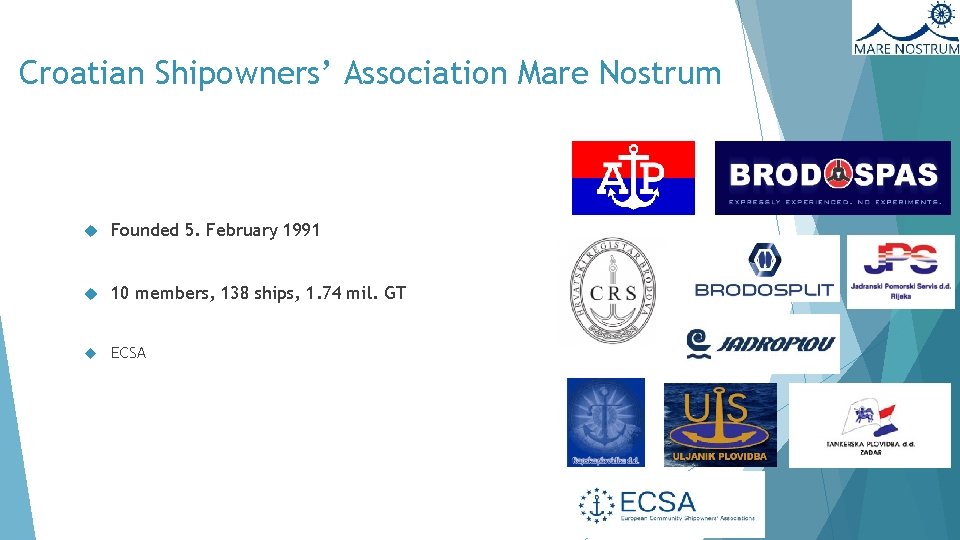 Croatian Shipowners’ Association Mare Nostrum Founded 5. February 1991 10 members, 138 ships, 1.