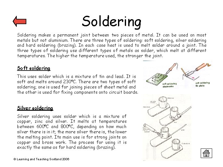 Soldering makes a permanent joint between two pieces of metal. It can be used