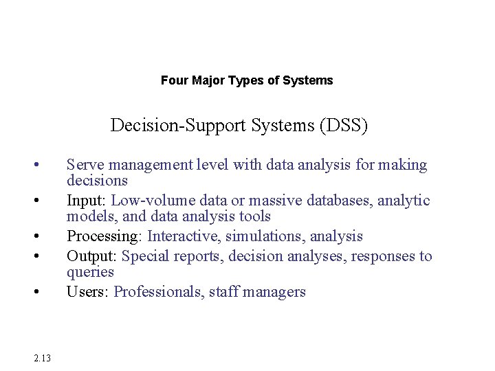 Major Types of Systems in Organizations Four Major Types of Systems Decision-Support Systems (DSS) Major Types of Systems in Organizations Four Major Types of Systems Decision-Support Systems (DSS)