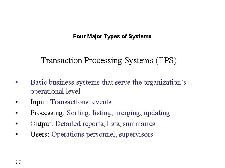 Major Types of Systems in Organizations Four Major Types of Systems Transaction Processing Systems Major Types of Systems in Organizations Four Major Types of Systems Transaction Processing Systems