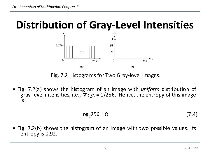 Fundamentals of Multimedia, Chapter 7 Distribution of Gray-Level Intensities Fig. 7. 2 Histograms for