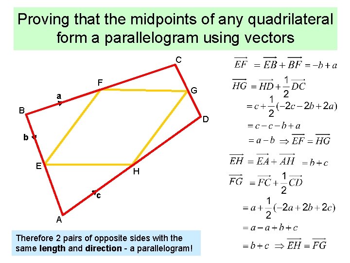 Proving that the midpoints of any quadrilateral form a parallelogram using vectors C F