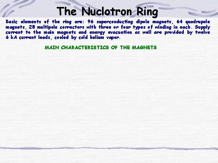 The Nuclotron Ring Basic elements of the ring are: 96 superconducting dipole magnets, 64 The Nuclotron Ring Basic elements of the ring are: 96 superconducting dipole magnets, 64