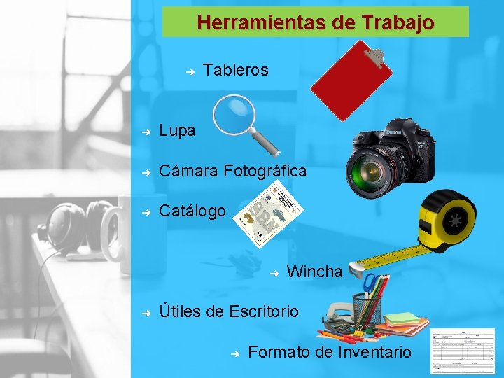 Herramientas de Trabajo ➜ Tableros ➜ Lupa ➜ Cámara Fotográfica ➜ Catálogo ➜ ➜