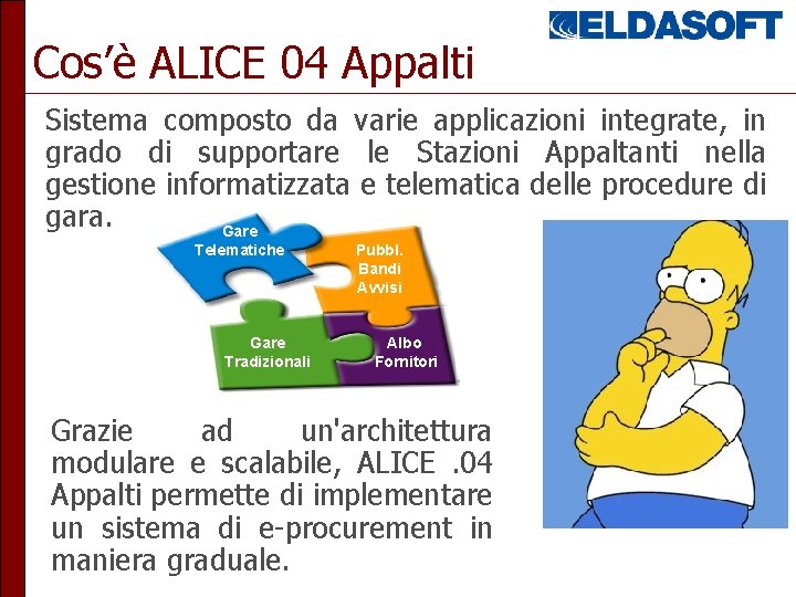 Cos’è ALICE 04 Appalti Sistema composto da varie applicazioni integrate, in grado di supportare