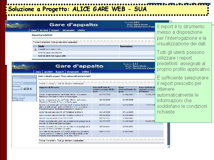 Soluzione a Progetto: ALICE GARE WEB - SUA Il report è lo strumento messo