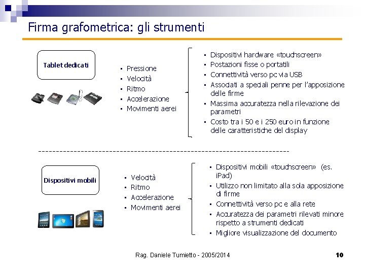 Firma grafometrica: gli strumenti Tablet dedicati Dispositivi mobili Pressione Velocità Ritmo Accelerazione Movimenti aerei