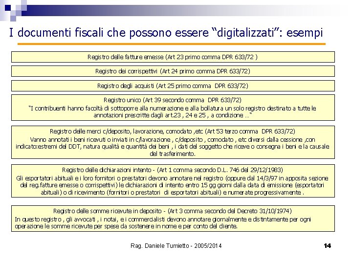 I documenti fiscali che possono essere “digitalizzati”: esempi Registro delle fatture emesse (Art 23