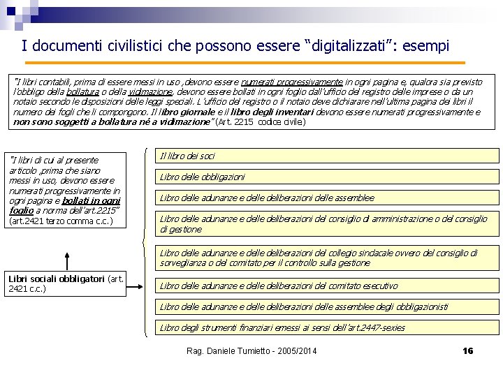 I documenti civilistici che possono essere “digitalizzati”: esempi “I libri contabili, prima di essere