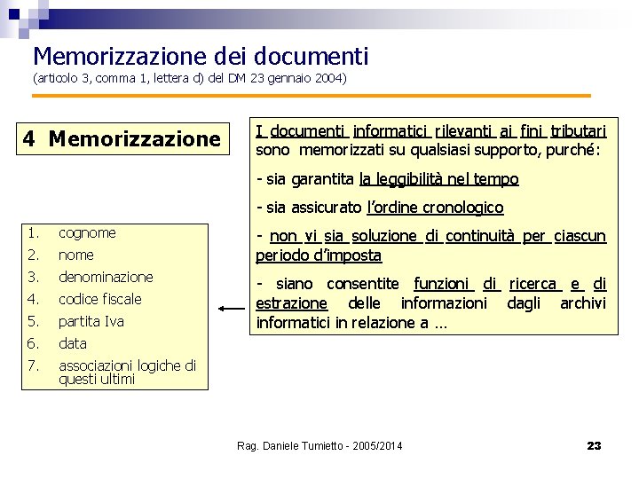 Memorizzazione dei documenti (articolo 3, comma 1, lettera d) del DM 23 gennaio 2004)