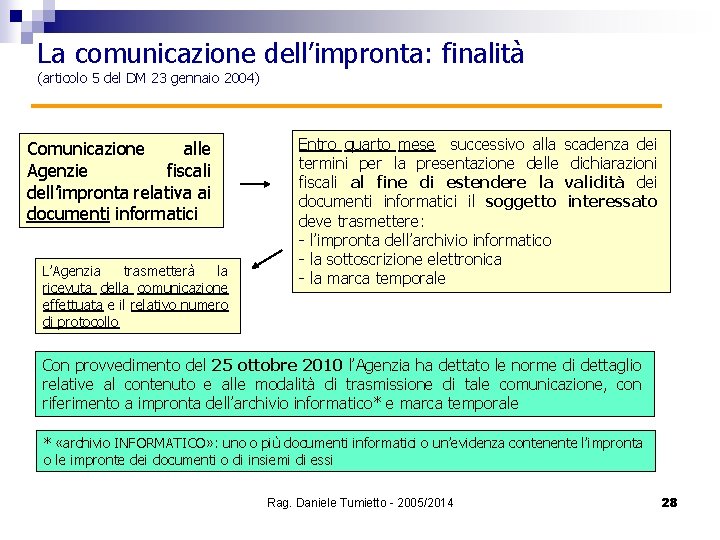 La comunicazione dell’impronta: finalità (articolo 5 del DM 23 gennaio 2004) Comunicazione alle Agenzie