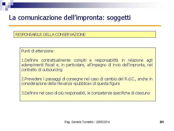 La comunicazione dell’impronta: soggetti RESPONSABILE DELLA CONSERVAZIONE Punti di attenzione: 1. Definire contrattualmente compiti