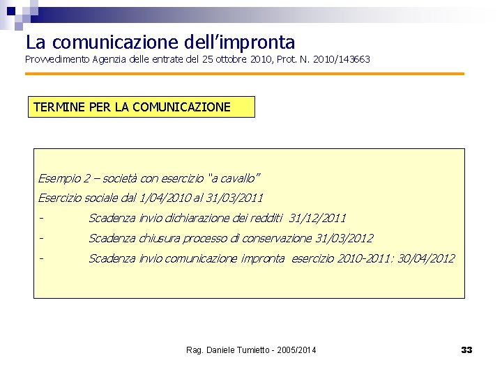 La comunicazione dell’impronta Provvedimento Agenzia delle entrate del 25 ottobre 2010, Prot. N. 2010/143663