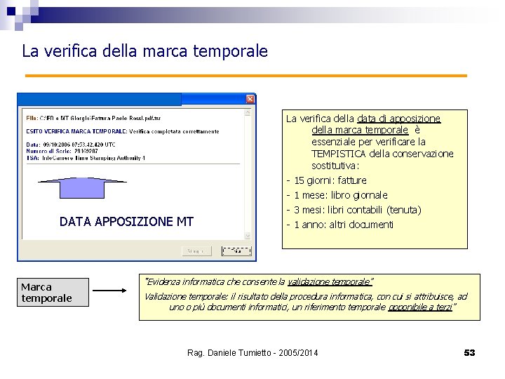 La verifica della marca temporale La verifica della data di apposizione della marca temporale