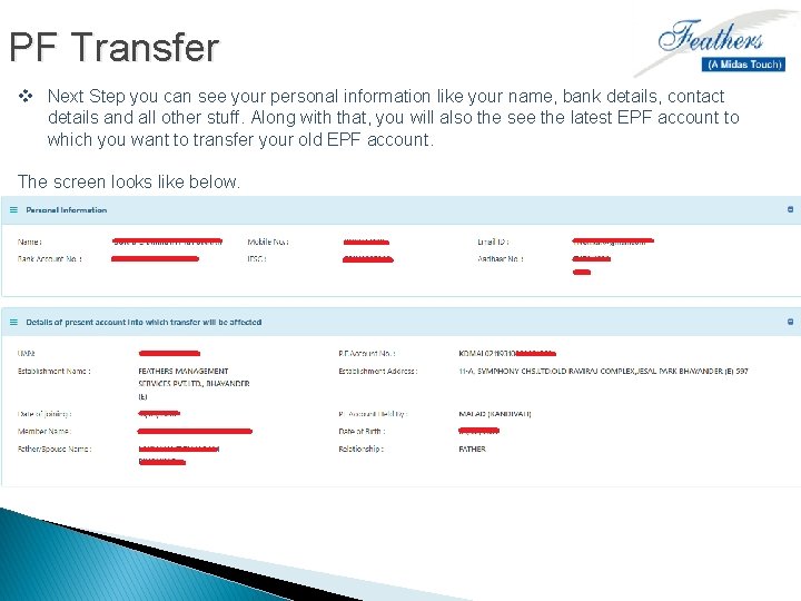 PF Transfer v Next Step you can see your personal information like your name,