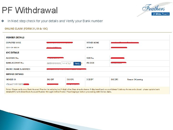 PF Withdrawal v In Next step check for your details and Verify your Bank