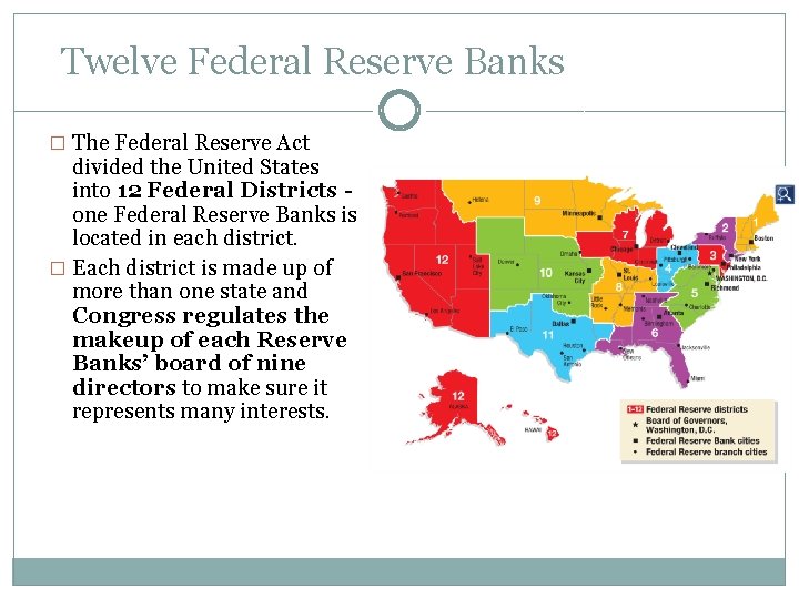 Twelve Federal Reserve Banks � The Federal Reserve Act divided the United States into Twelve Federal Reserve Banks � The Federal Reserve Act divided the United States into