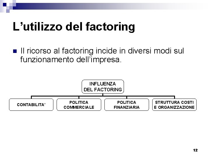 L’utilizzo del factoring n Il ricorso al factoring incide in diversi modi sul funzionamento