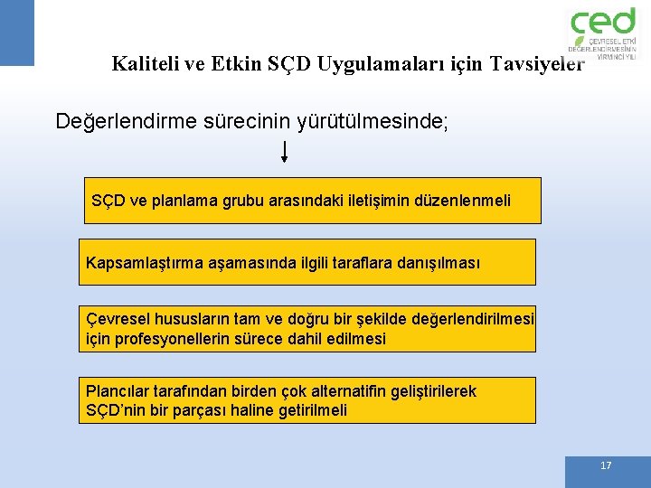 Kaliteli ve Etkin SÇD Uygulamaları için Tavsiyeler Değerlendirme sürecinin yürütülmesinde; SÇD ve planlama grubu