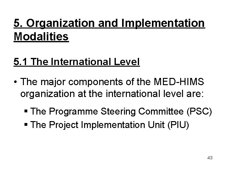 5. Organization and Implementation Modalities 5. 1 The International Level • The major components