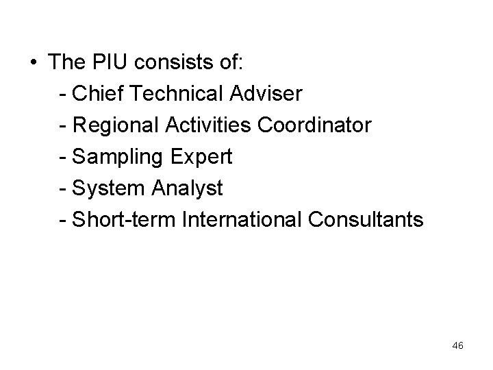  • The PIU consists of: - Chief Technical Adviser - Regional Activities Coordinator