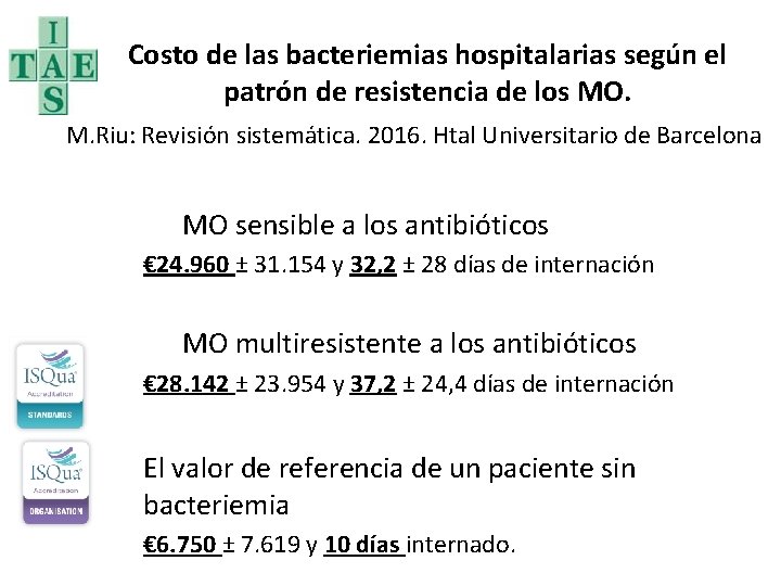 Costo de las bacteriemias hospitalarias según el patrón de resistencia de los MO. M.
