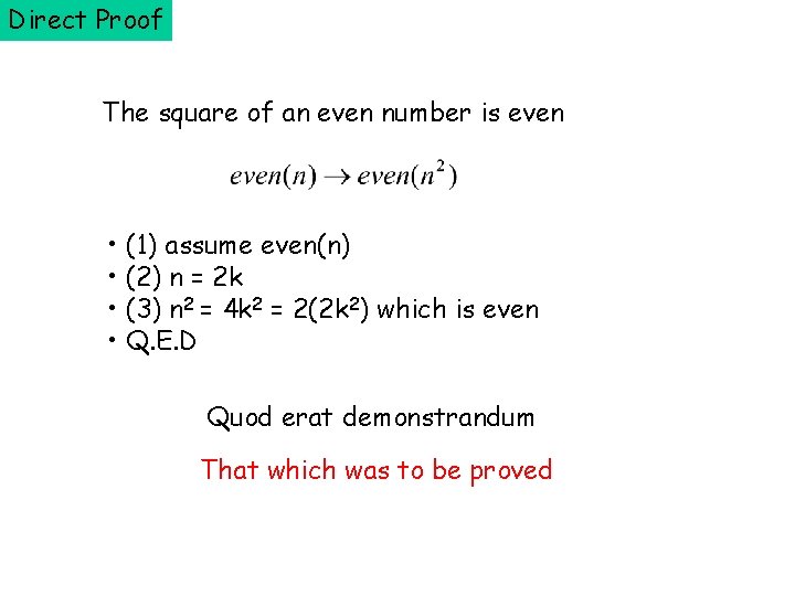 Direct Proof The square of an even number is even • (1) assume even(n)