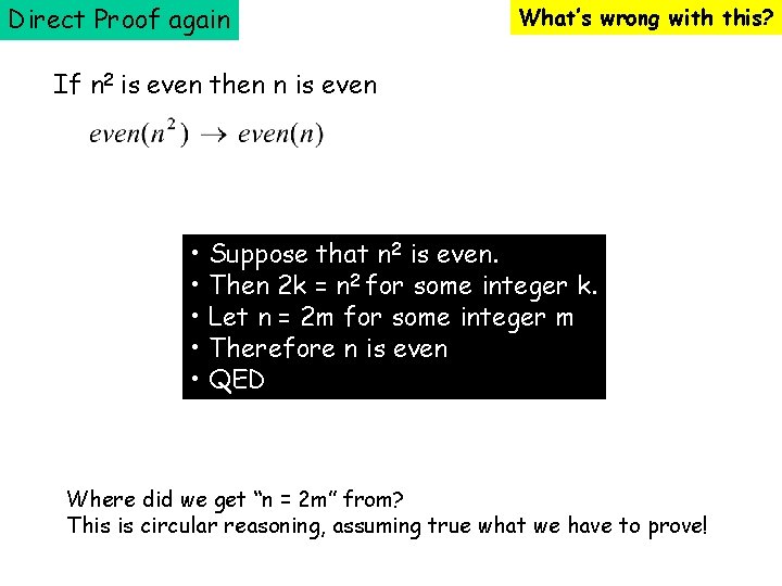 Direct Proof again What’s wrong with this? If n 2 is even then n