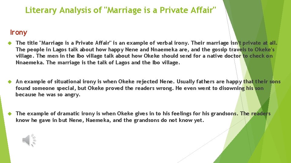 Literary Analysis of "Marriage is a Private Affair" Irony The title "Marriage is a