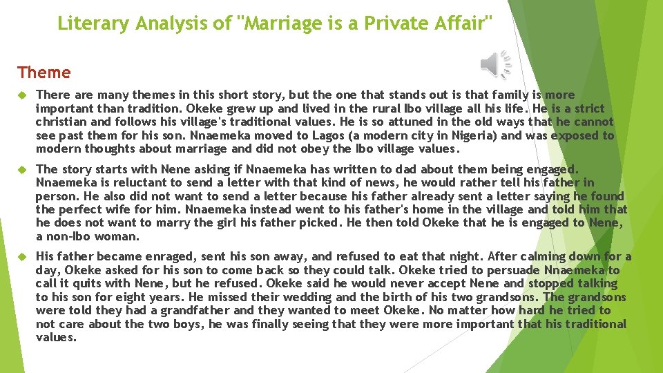 Literary Analysis of "Marriage is a Private Affair" Theme There are many themes in