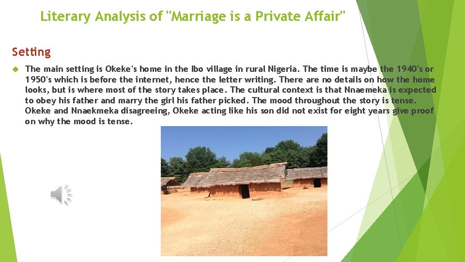 Literary Analysis of "Marriage is a Private Affair" Setting The main setting is Okeke's