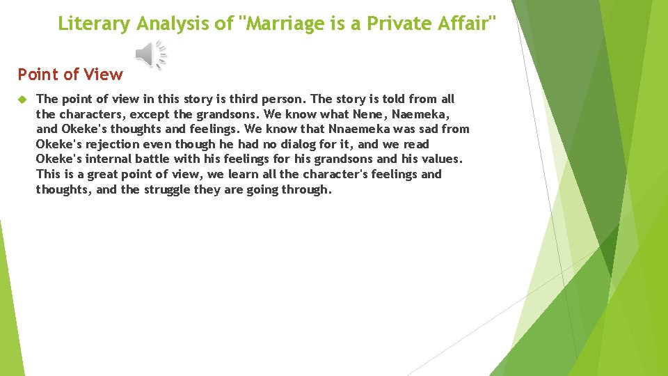 Literary Analysis of "Marriage is a Private Affair" Point of View The point of