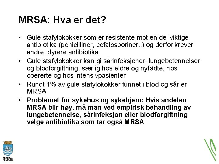 MRSA: Hva er det? • Gule stafylokokker som er resistente mot en del viktige