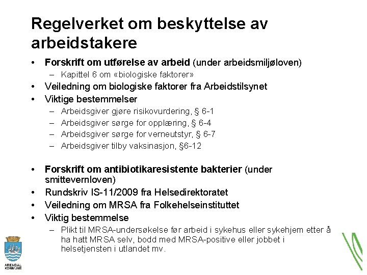 Regelverket om beskyttelse av arbeidstakere • Forskrift om utførelse av arbeid (under arbeidsmiljøloven) –