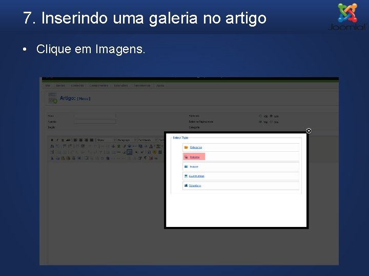 7. Inserindo uma galeria no artigo • Clique em Imagens. 