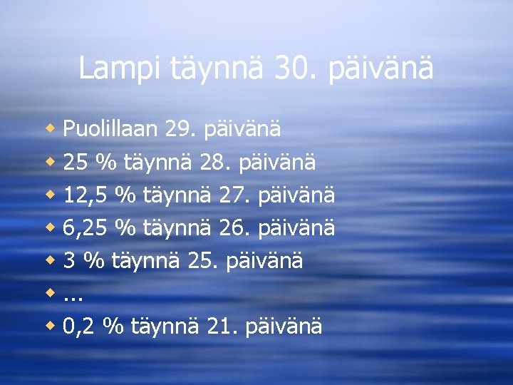 Lampi täynnä 30. päivänä w Puolillaan 29. päivänä w 25 % täynnä 28. päivänä