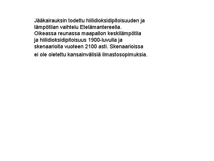 Jääkairauksin todettu hiilidioksidipitoisuuden ja lämpötilan vaihtelu Etelämantereella. Oikeassa reunassa maapallon keskilämpötila ja hiilidioksidipitoisuus 1900