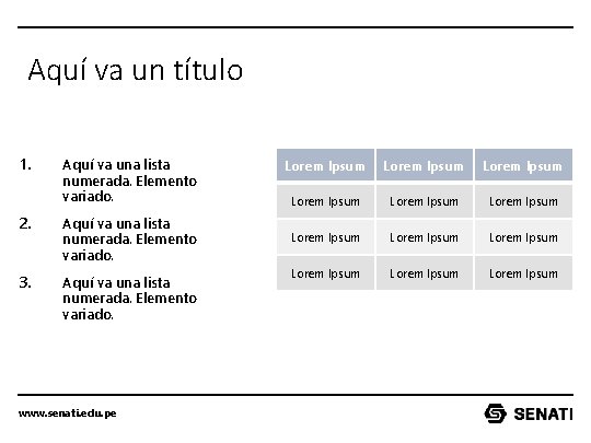 Aquí va un título 1. Aquí va una lista numerada. Elemento variado. 2. Aquí