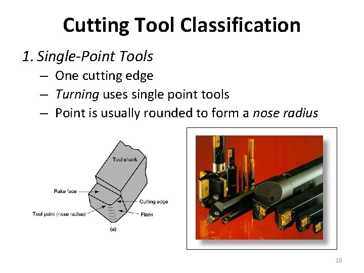 Cutting Tool Classification 1. Single-Point Tools – One cutting edge – Turning uses single