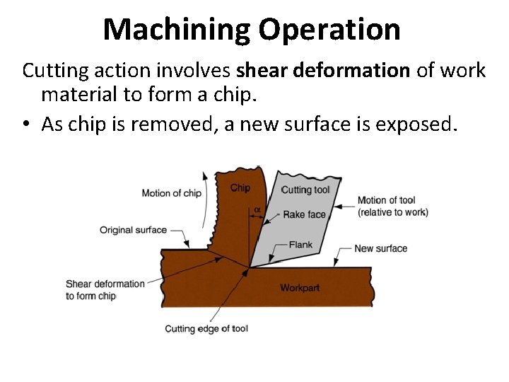 Machining Operation Cutting action involves shear deformation of work material to form a chip.