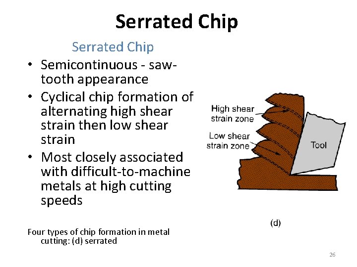 Serrated Chip • Semicontinuous - sawtooth appearance • Cyclical chip formation of alternating high