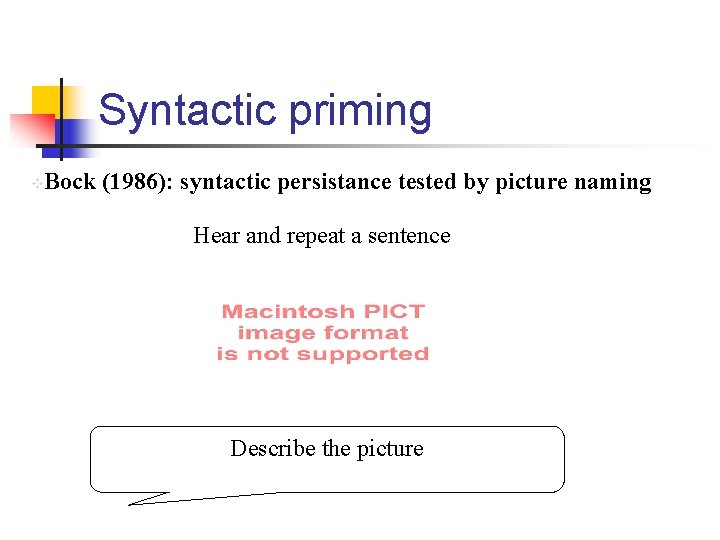 Syntactic priming v Bock (1986): syntactic persistance tested by picture naming Hear and repeat